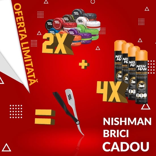 NISH MAN - Pachet promo - Ceara de par - 9 sortimente - 2 buc + Spray 3 in 1 - 4 buc + Brici Cadou