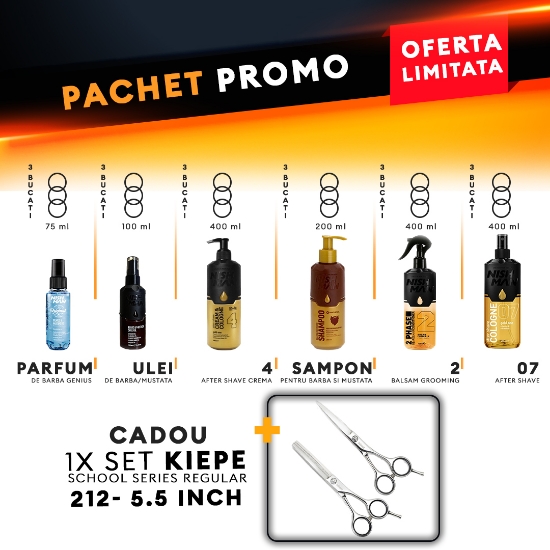 Pachet promo - NISH MAN - Ulei de barba 100 ml+ Parfum de barba Genius 75 ml + After shave crema no.4,400 ml + After shave colonie no.7 + Balsam grooming - Argan - 400 ml + Sampon de barba - 3buc + Cadou 1x Set Kiepe School Regular