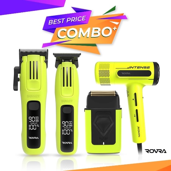 Set ROVRA - IMPACT - Masina de tuns + Masina de contur + Uscator de par Intense + Masina de ras Super Cut - Verde 