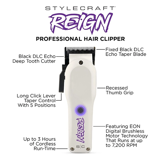 Masina de tuns - STYLECRAFT - Reign  - 7.800 RPM - Alb - PTOREIGSCIT